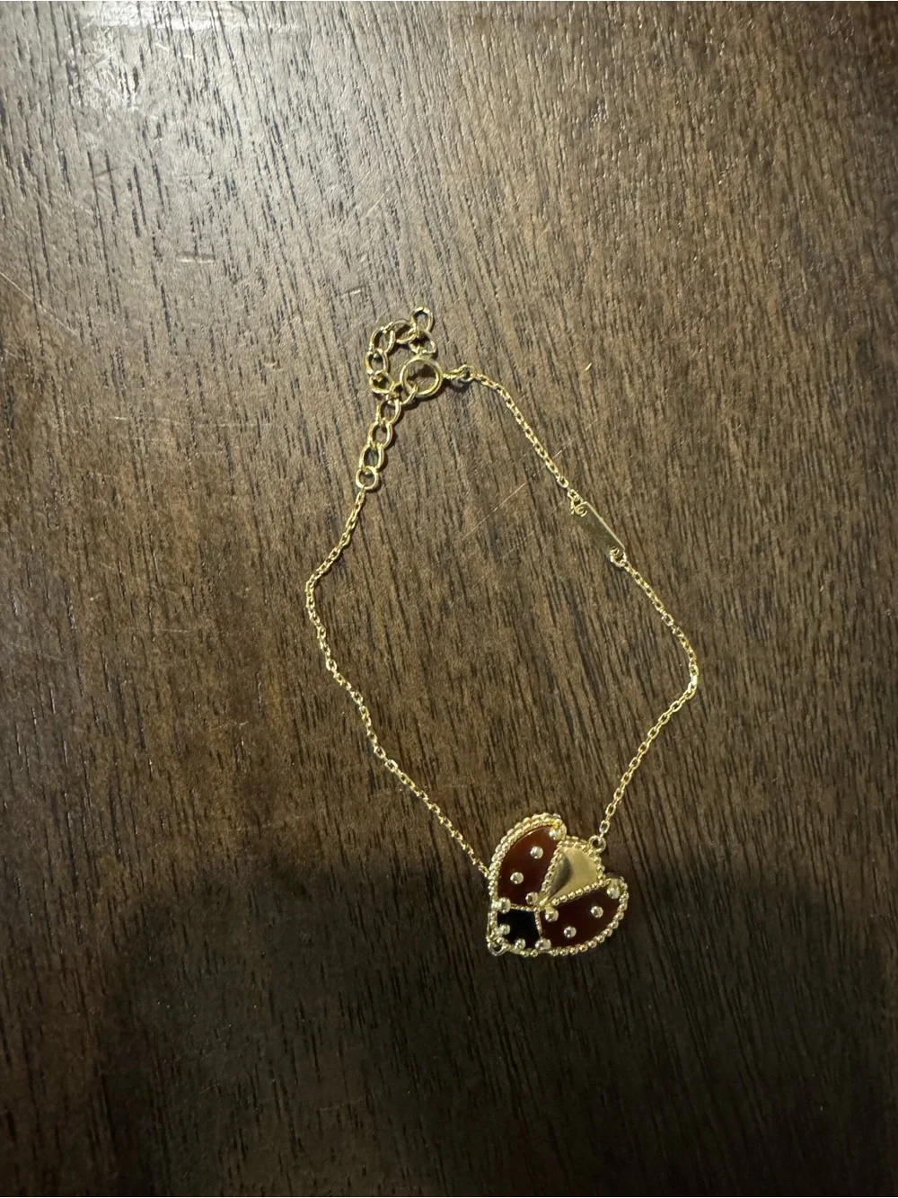 Gold Ladybug Pendant Bracelet with Red Enamel - Women Jewelry